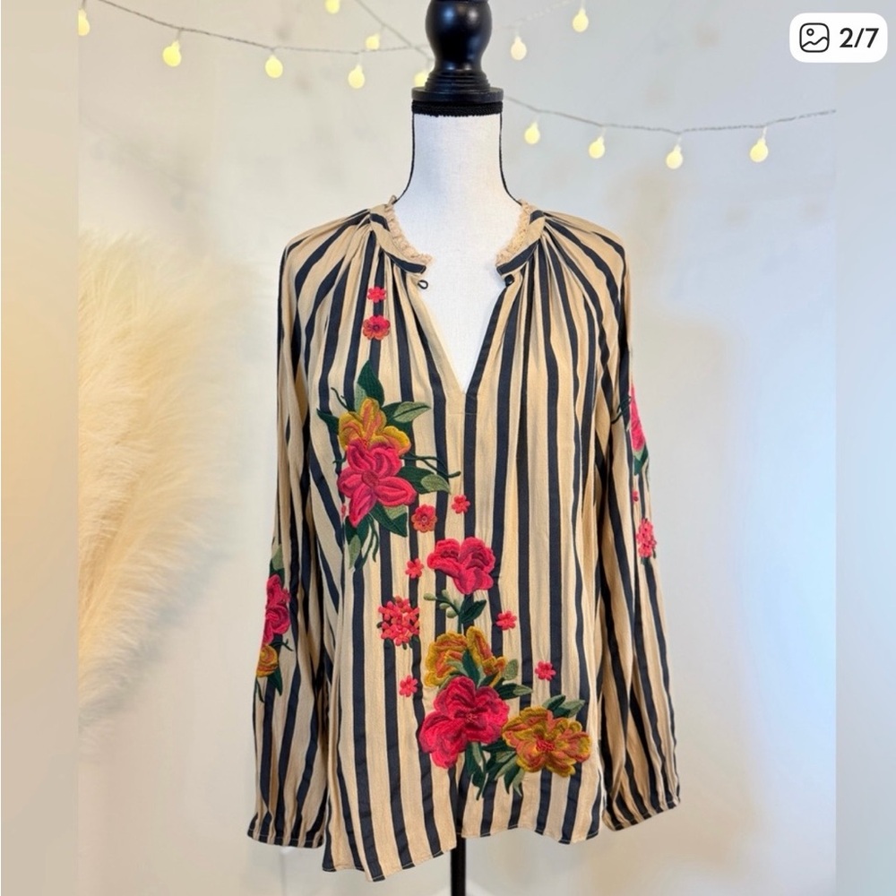 🌾 Anthropologie Black and Cream Striped Blouse with Floral Embroidery